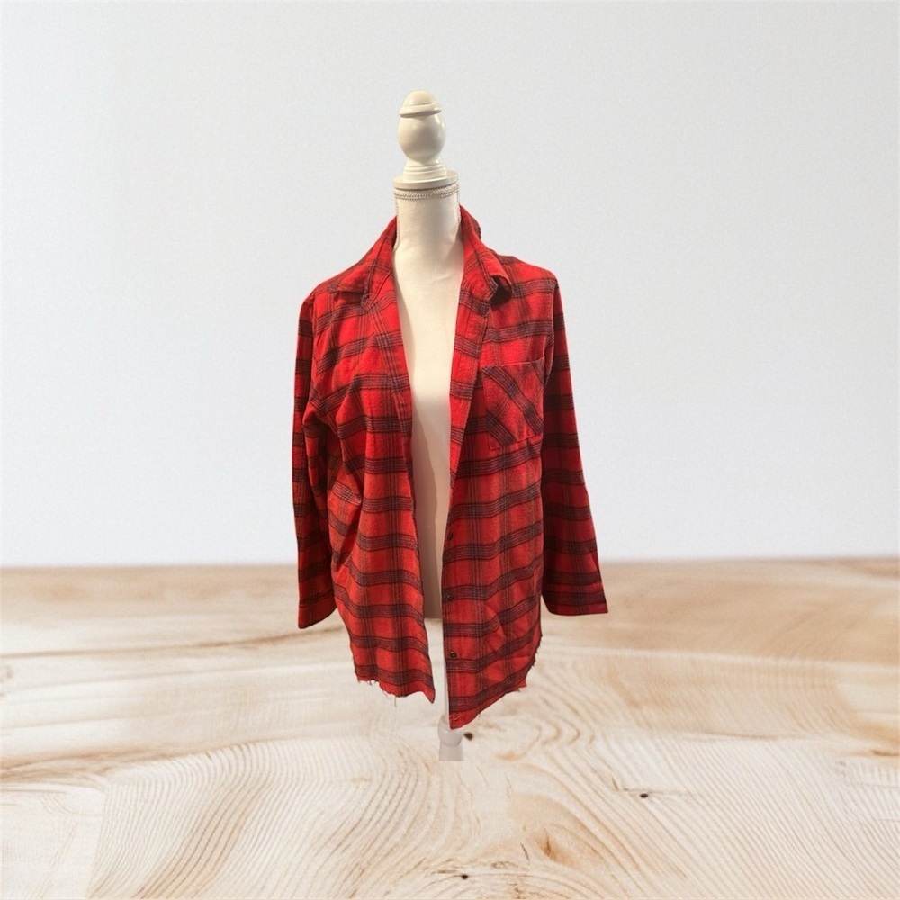 Red Black Plaid Flannel Shirt Oversized Small Distressed Frayed HemGrunge Casual